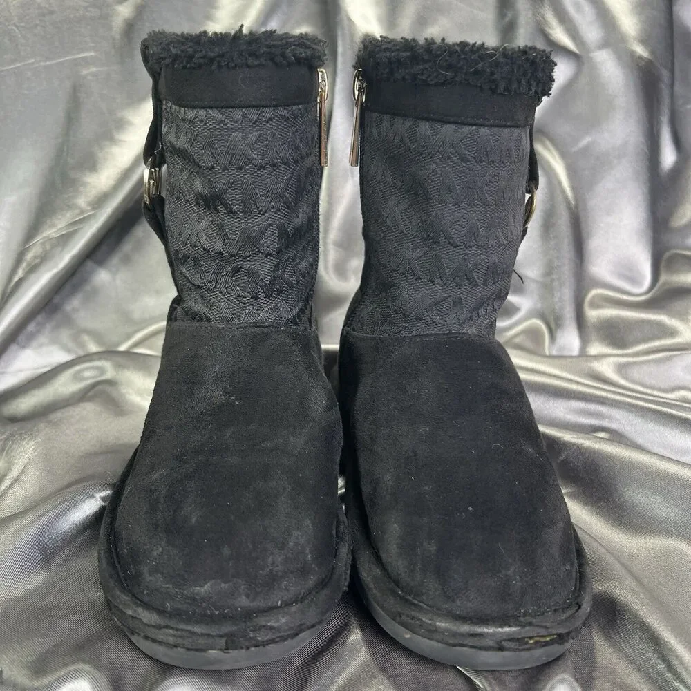 Michael Kors Yancy Faux‎ Fur Boots Booties Girls 13 Black / Gold MK Logo Winter